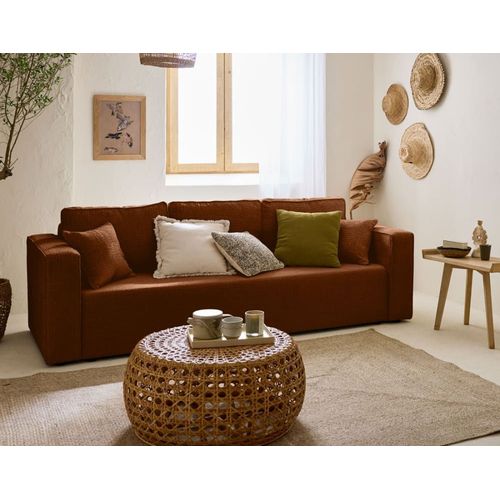 Canapé Droit Convertible 3 Places En Tissu Velours Relief Terracotta