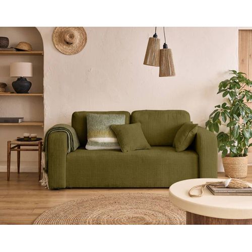 Canapé Droit 2 Places En Velours Texturé Vert Olive