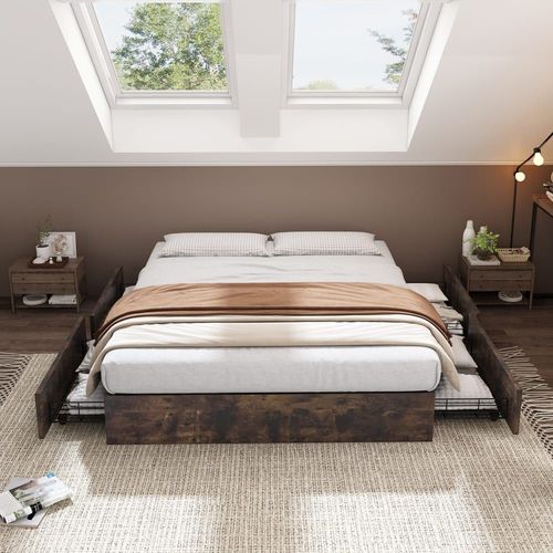 Cadre De Lit Double Effet Bois Foncé Avec Rangement 4 Tiroirs