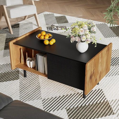 Table Basse Moderne Effet Bois Et Noir 2 Portes