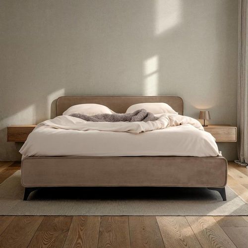 Lit Double En Tissu Velours, Gris Foncé, Avec Sommier, 140 X 190 Cm