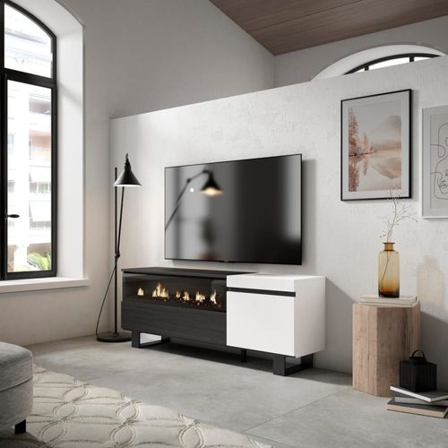 Meuble Tv Effet Bois Blanc Et Noir 150x35x57cm Cheminée Effet Feu