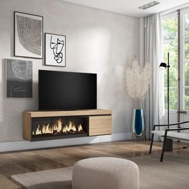 Meuble Tv Effet Bois De Chêne 158x35x45cm Cheminée Effet Feu Xxl