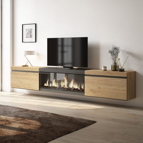 Meuble Tv Effet Bois De Chêne Et Noir 267x35x45 Cheminée Effet Feu Xxl