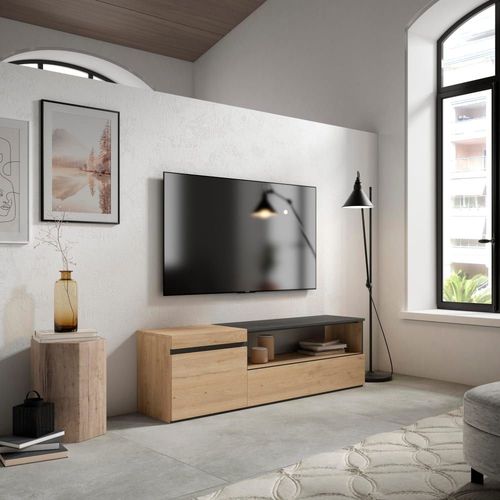 Meuble Tv Effet Bois De Chêne Et Noir 150x35x45cm