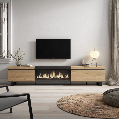 Meuble Tv Effet Bois De Chêne Et Noir 288x35x57 Cheminée Effet Feu Xxl