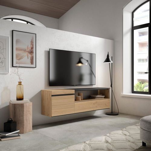 Meuble Tv Effet Bois De Chêne 150x35x45cm Suspendu