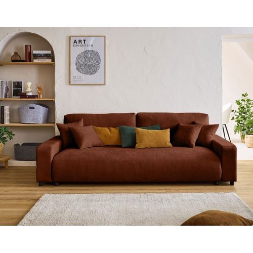 Canapé Droit Convertible 3 Places En Velours Texturé Terracotta