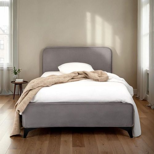 Lit Simple En Tissu Peau De Pêche, Gris, Avec Sommier, 90 X 190 Cm