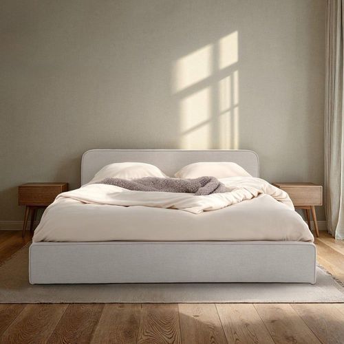 Lit Double En Tissu Gris Clair, Avec Sommier, 140 X 190 Cm