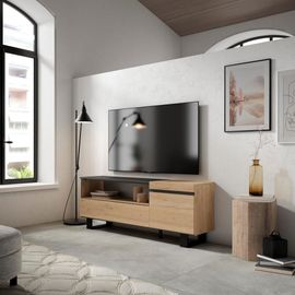 Meuble Tv Effet Bois De Chêne Et Noir 150x35x57cm Avec Pieds