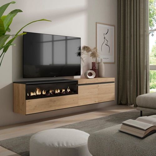 Meuble Tv Effet Bois De Chêne Et Noir 200x35x45cm Cheminée Effet Feu