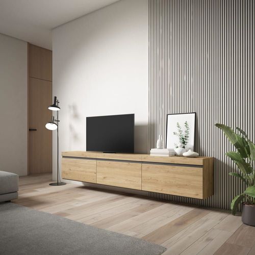 Meuble Tv Effet Bois De Chêne 240x35x45cm Suspendu