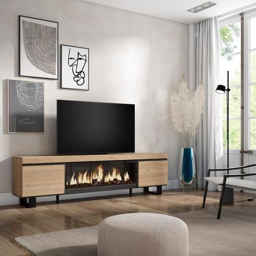 Meuble Tv Effet Bois De Chêne 208x35x57cm Cheminée Effet Feu Xxl