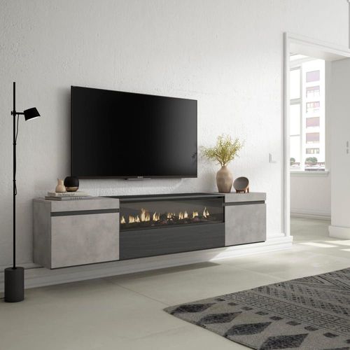 Meuble Tv Effet Bois Ciment 200x35x45cm Cheminée Effet Feu