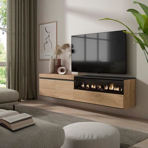 Meuble Tv Effet Bois De Chêne Et Noir 200x35x45cm Cheminée Effet Feu