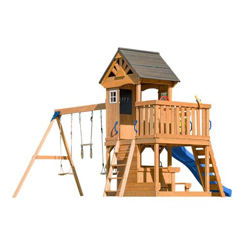 Aire De Jeux Avec Balançoire Double, Toboggan Bleu, Trapèze