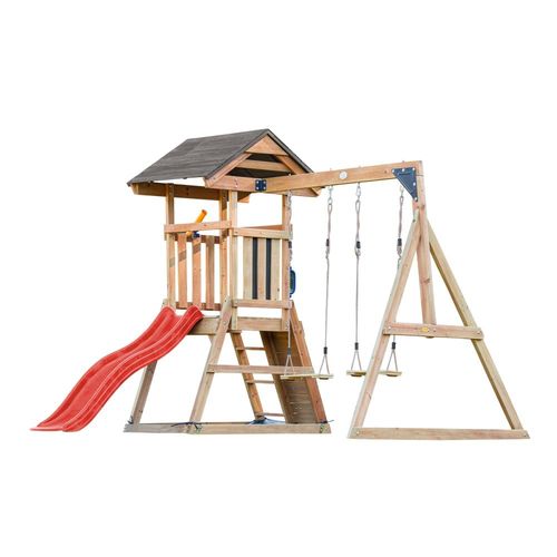 Aire De Jeux Avec Balançoire Double, Toboggan Rouge Et Bac À Sable