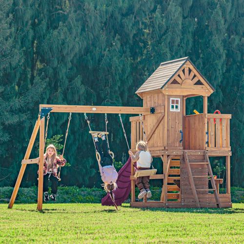 Aire De Jeux Avec Balançoire Double, Toboggan Violet, Trapèze