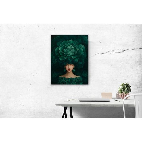 Tableau Femme avec fleurs vertes alu dibond 60x80