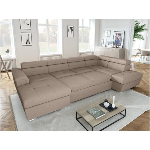 Canapé Panoramique Convertible Avec 2 Coffres En Velours Côtelé Taupe