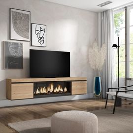 Meuble Tv Effet Bois De Chêne 208x35x45cm Cheminée Effet Feu Xxl