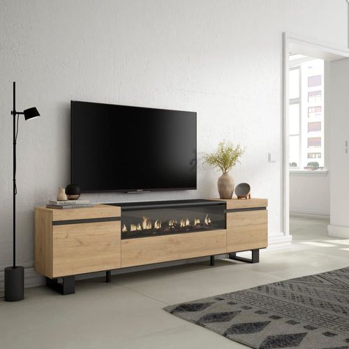 Meuble Tv Effet Bois De Chêne 200x35x57 Cheminée Effet Feu