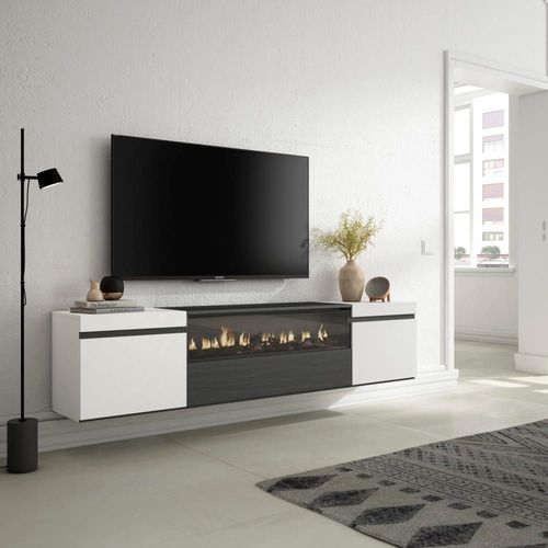 Meuble Tv Effet Bois Blanc Et Noir 200x45x35cm Cheminée Effet Feu
