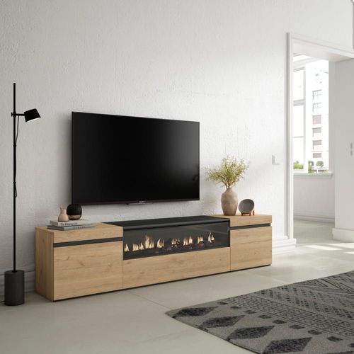 Meuble Tv Effet Bois De Chêne 200x35x45 Cheminée Effet Feu