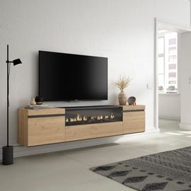 Meuble Tv Effet Bois De Chêne 200x35x45 Cheminée Effet Feu