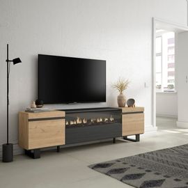 Meuble Tv Effet Bois De Chêne 200x35x57 Cheminée Effet Feu