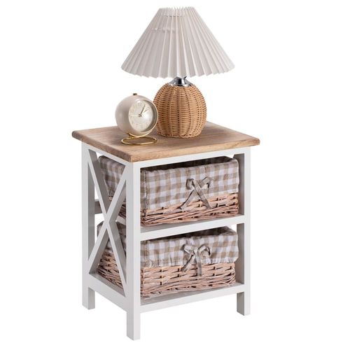 Table De Chevet 2 Paniers Avec Tissu, En Bois, Blanc/Brun