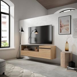 Meuble Tv Effet Bois De Chêne Et Noir 150x35x45cm Suspendu