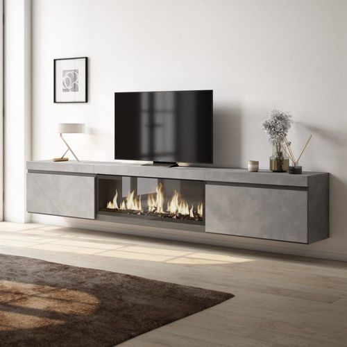 Meuble Tv Effet Bois Ciment 267x35x45cm Cheminée Effet Feu Xxl