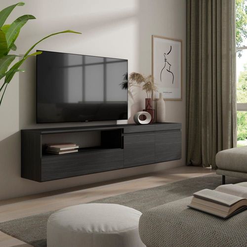 Meuble Tv Effet Bois Noir 200x35x45cm Suspendu