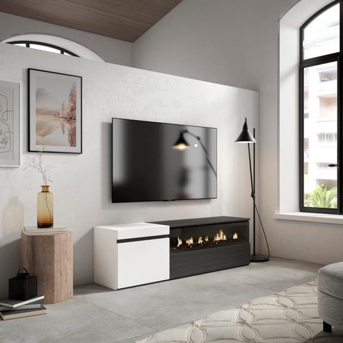 Meuble Tv Effet Bois Blanc Et Noir 150x35x45cm Cheminée Effet Feu