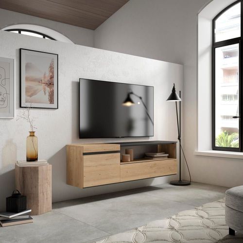 Meuble Tv Effet Bois De Chêne Et Noir 150x35x45cm Suspendu