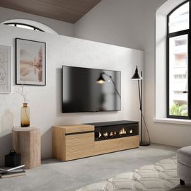 Meuble Tv Effet Bois De Chêne 150x35x45cm Cheminée Effet Feu