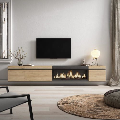 Meuble Tv Effet Bois De Chêne Et Noir 288x35x45 Cheminée Effet Feu Xxl