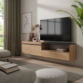 Meuble Tv Effet Bois De Chêne Et Noir 200x35x45cm Suspendu
