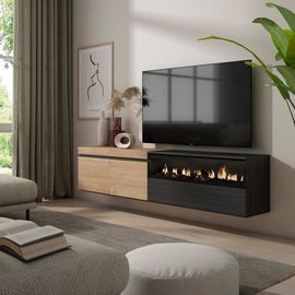 Meuble Tv Effet Bois De Chêne Et Noir 200x35x45cm Cheminée Effet Feu