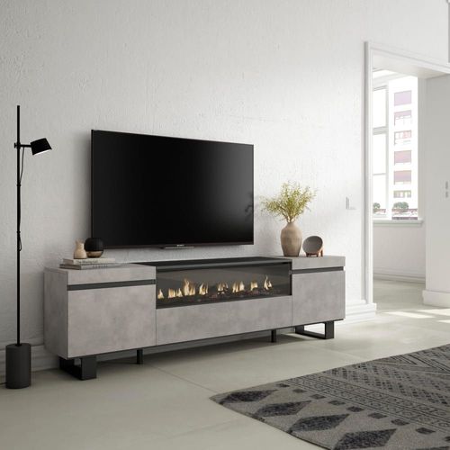 Meuble Tv Effet Bois Ciment 200x35x57cm Cheminée Effet Feu