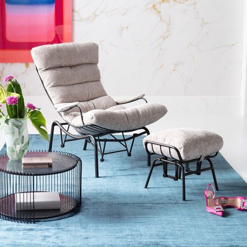 Fauteuil Et Repose-Pieds En Polyester Beige Et Acier Noir