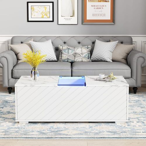 Table Basse Moderne Blanche Effet Marbre Éclairage Led