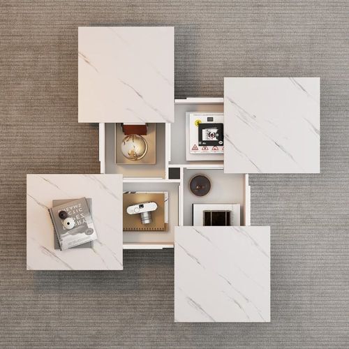 Table Basse Carrée Moderne Blanche Effet Marbre 4 Tiroirs