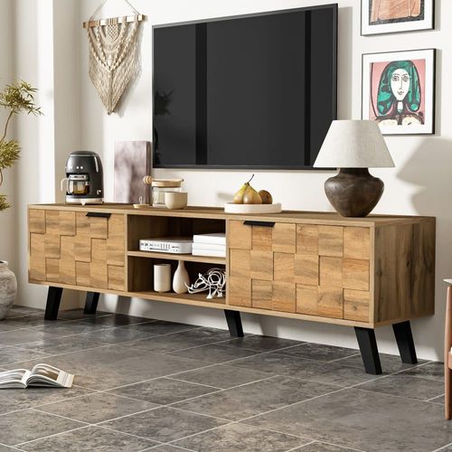 Meuble Tv Moderne Effet Bois Avec 2 Portes Et 2 Compartiments Ouverts