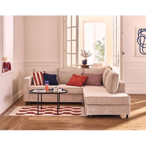Canapé D'angle Droit 5 Places En Velours Texturé Beige