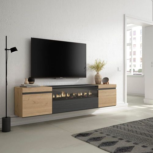 Meuble Tv Effet Bois De Chêne 200x35x45 Cheminée Effet Feu
