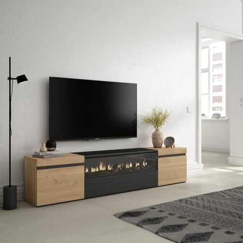 Meuble Tv Effet Bois De Chêne 200x35x45 Cheminée Effet Feu