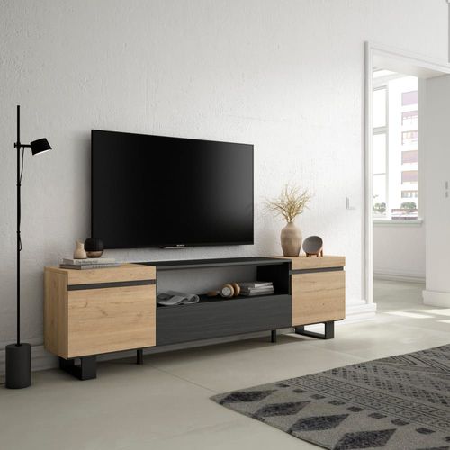 Meuble Tv Effet Bois De Chêne Et Noir 200x35x57cm Avec Pieds